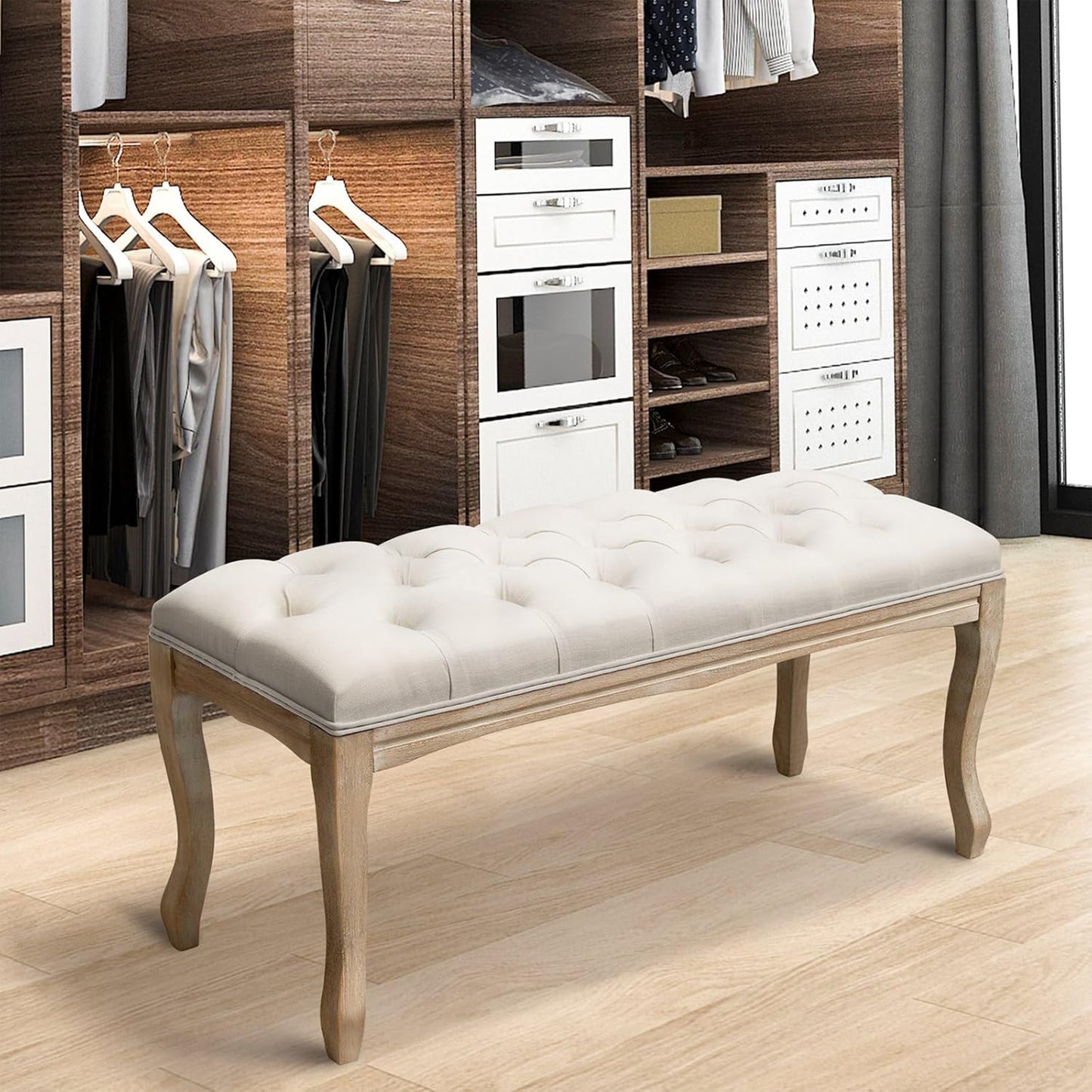 French Vintage Tufted Upholstered Bedroom Bench - Beige