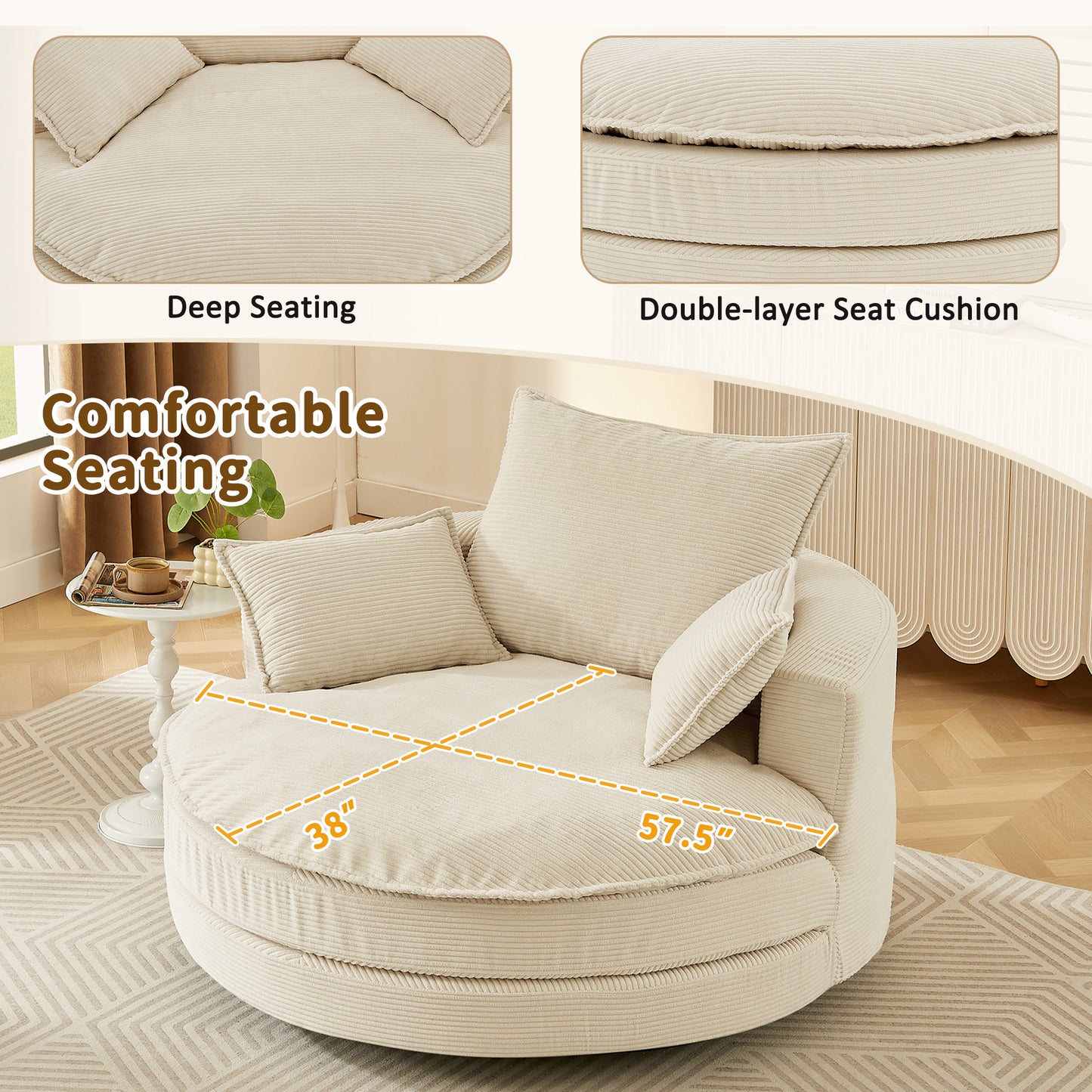 Oversized 360° Swivel Accent Chair with Dual-Layer Cushion - Beige