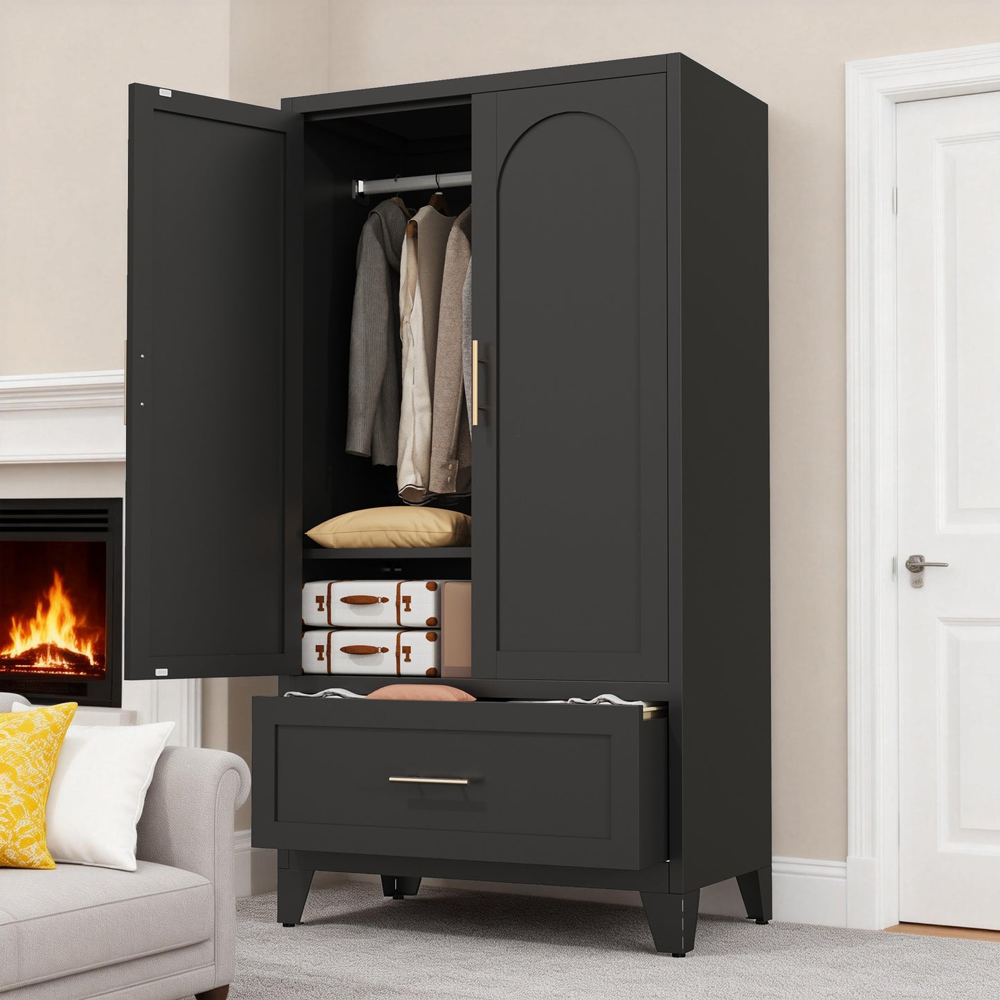 60" Tall Metal Wardrobe Cabinet with Drawer & Hanging Rod - Black
