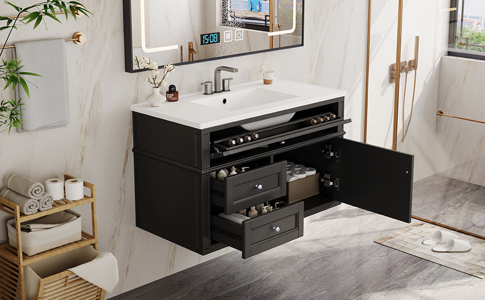 36-Inch Wall Mounted Bathroom Vanity with Ceramic Sink - Black