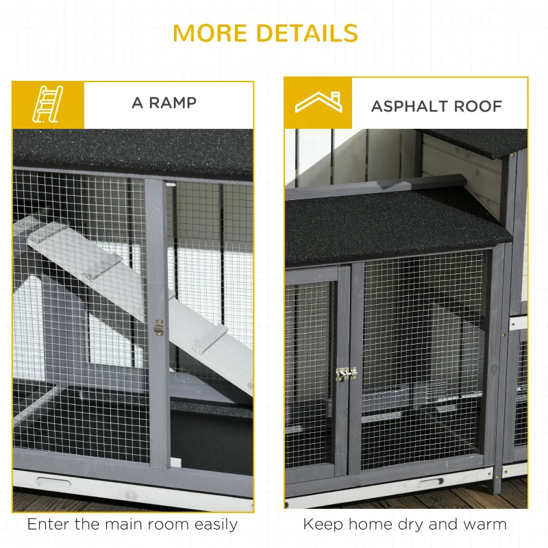 Outdoor Wooden Rabbit Hutch with Run Boxes & Ramp - Light Gray Pet Enclosure