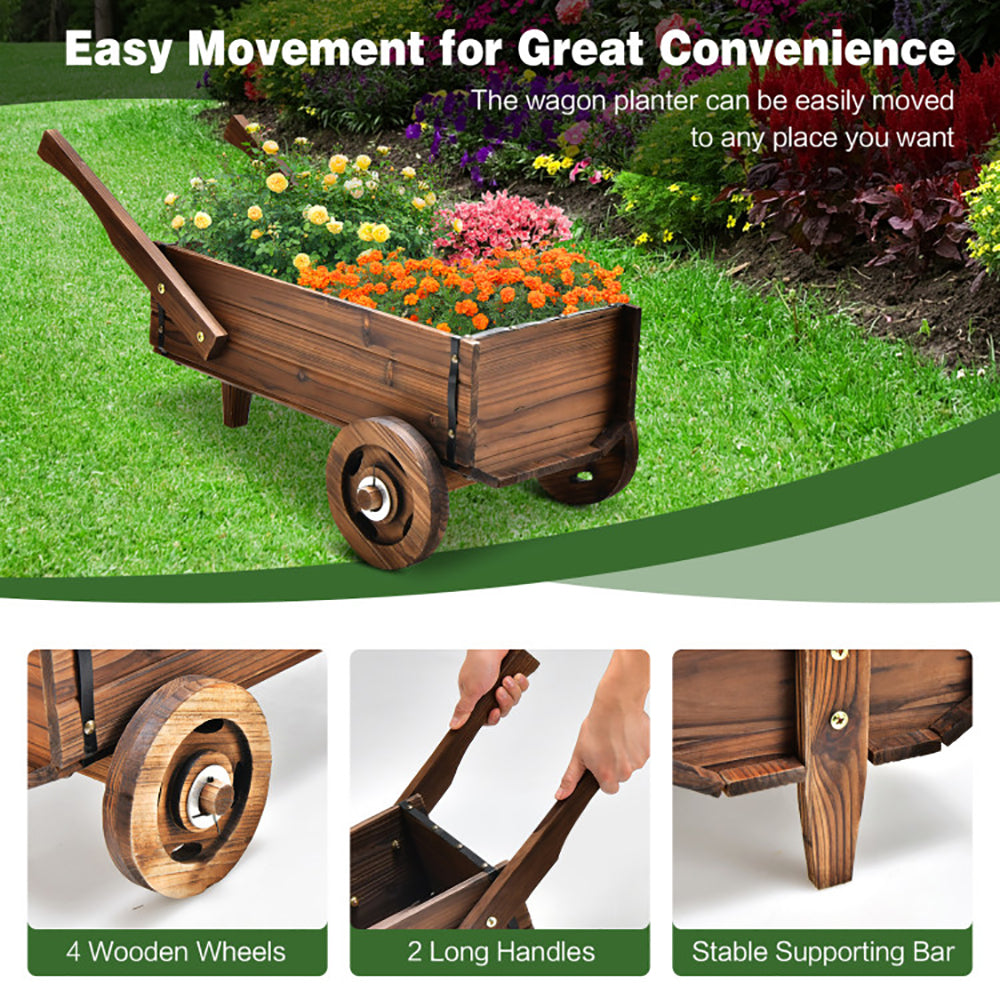 Wooden Wagon Planter Box with Wheels and Drainage Hole - Rustic Brown Garden Decor