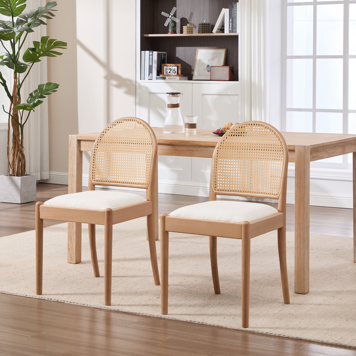Beige Rattan Dining Chairs Set of 2 - Upholstered Kitchen Seating