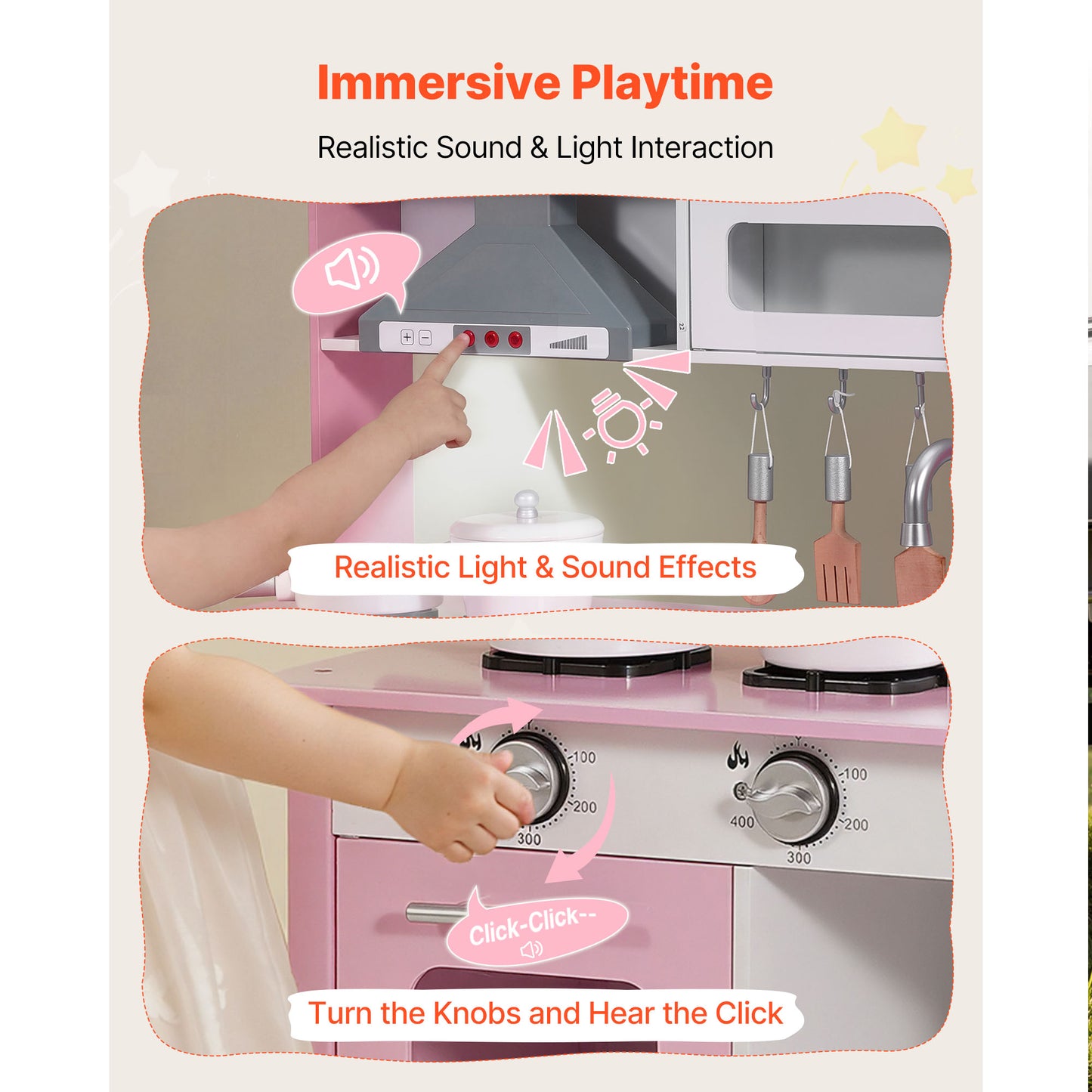 Kids Wooden Play Kitchen Set with Lights & Sounds - Pretend Cooking Toy for Ages 3-8 (Pink)
