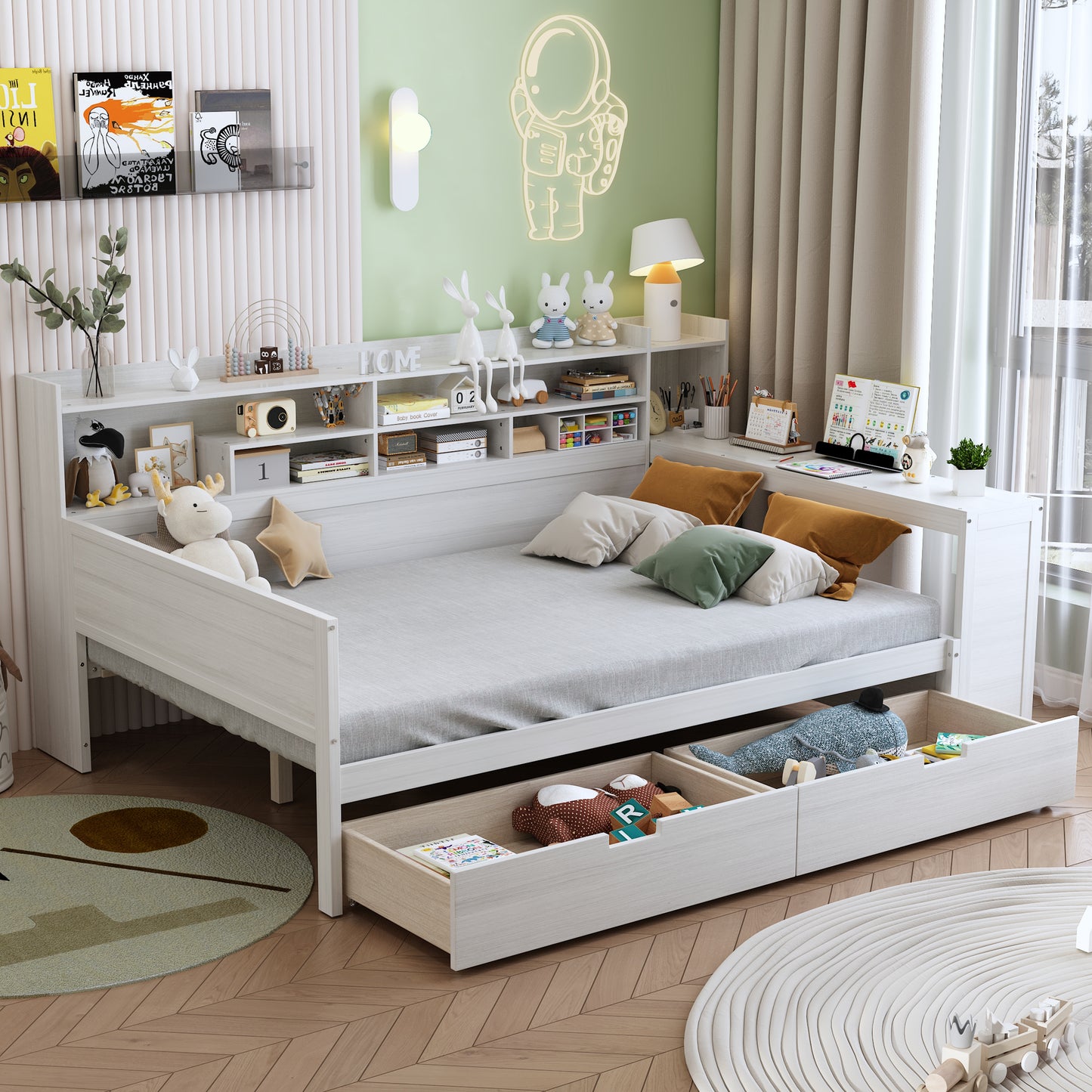 Wooden Full Size Daybed with Storage Drawers & Desk - Antique White