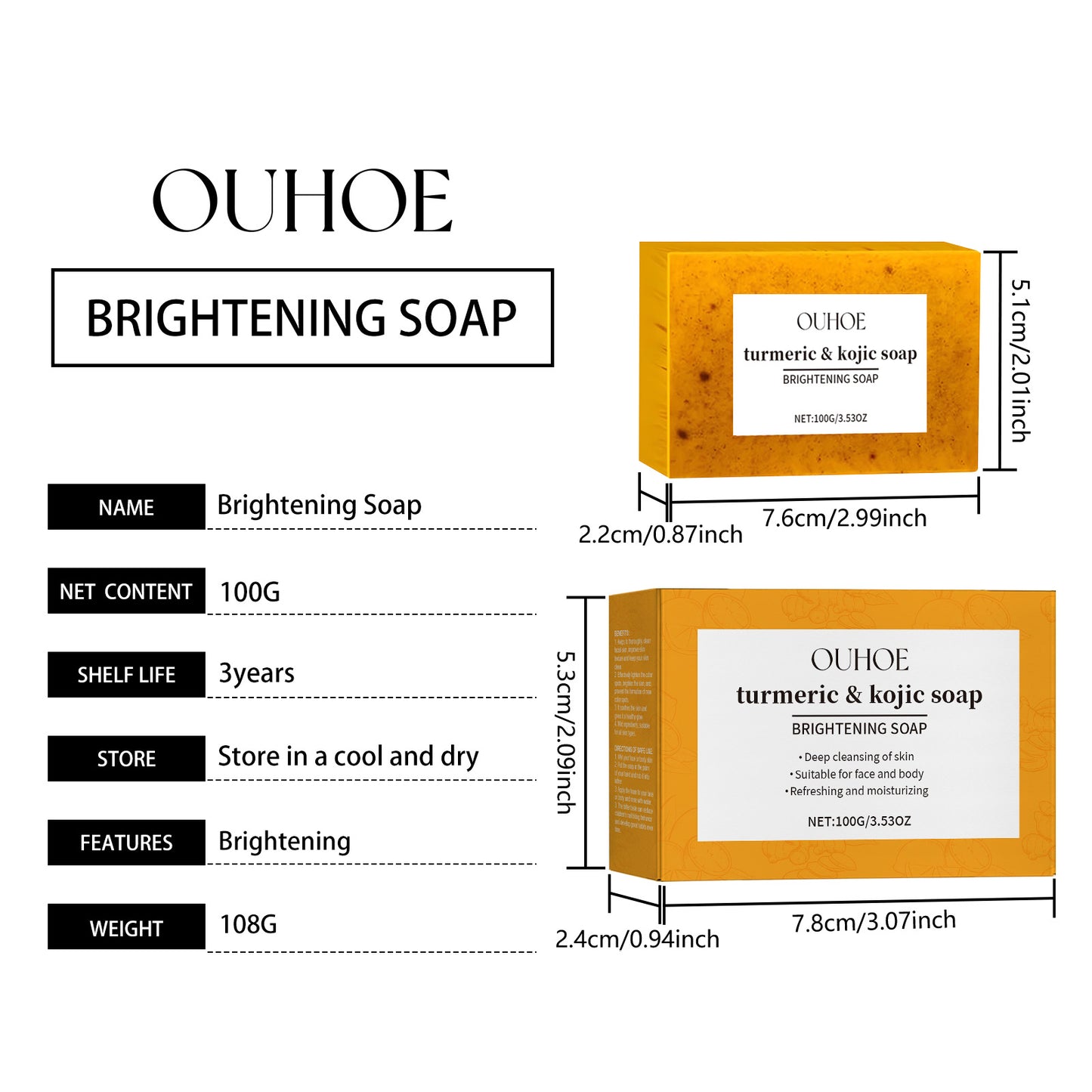 Turmeric & Kojic Acid Cleansing Bar Soap for Face and Body Care
