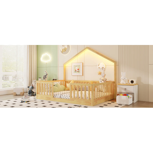 Full Montessori Floor Bed with High Rails & LED Light - Natural