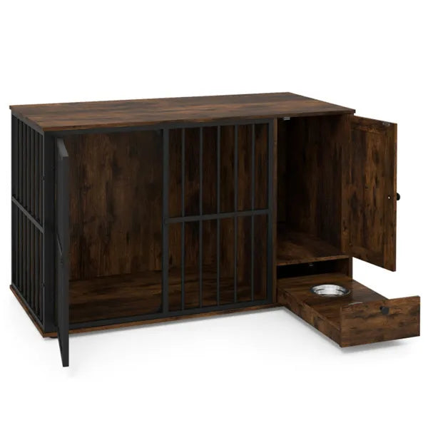 2-in-1 Dog Crate End Table with Pull-Out Feeder - Chew-Resistant Metal Pet Furniture