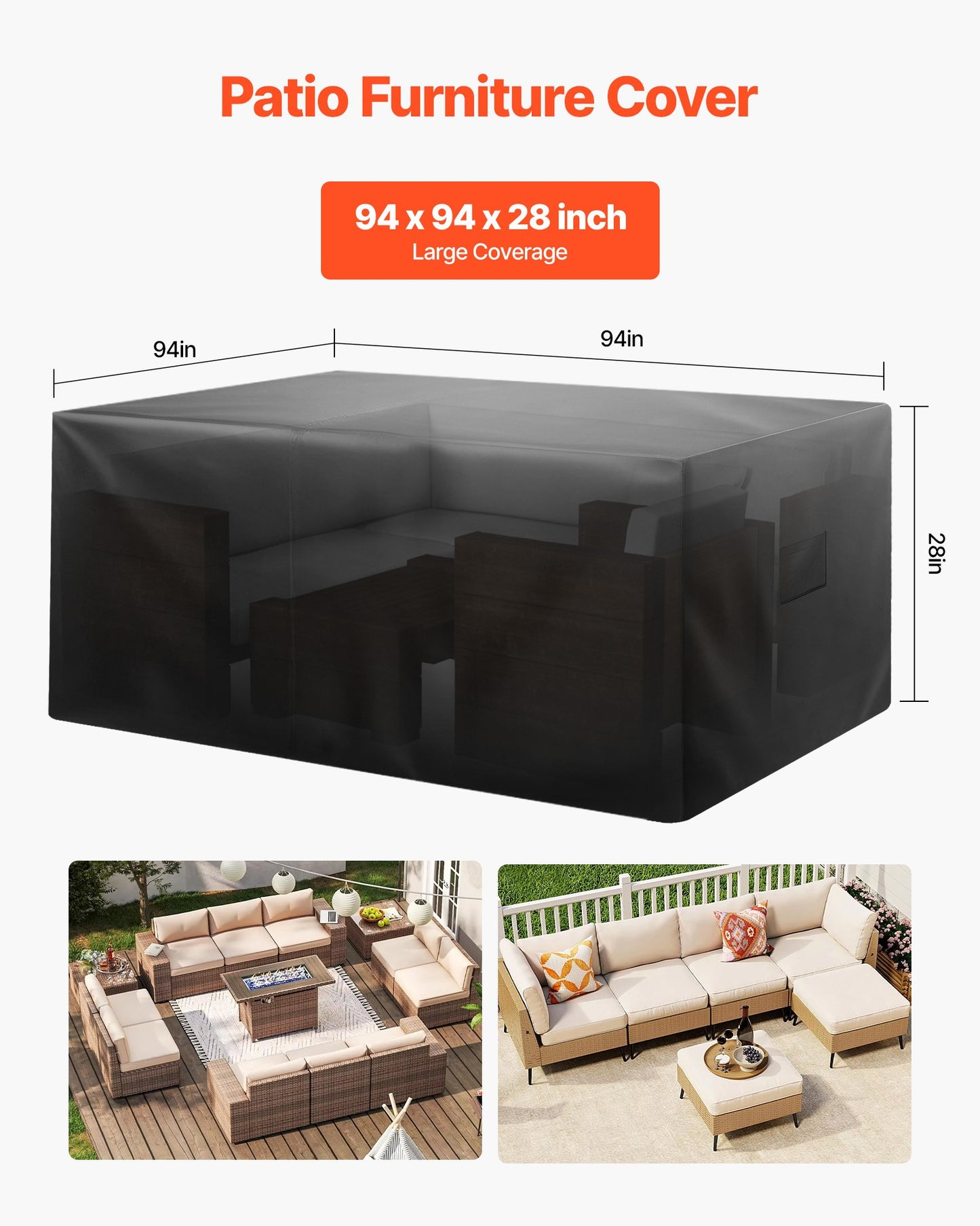 Waterproof Outdoor Furniture Cover 420D Oxford for Patio Tables Chairs Sofa 94x94 Inch Black