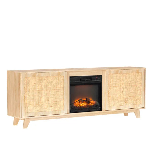 70-Inch Oak Finish Low-Profile Fireplace TV Stand with Rattan Doors