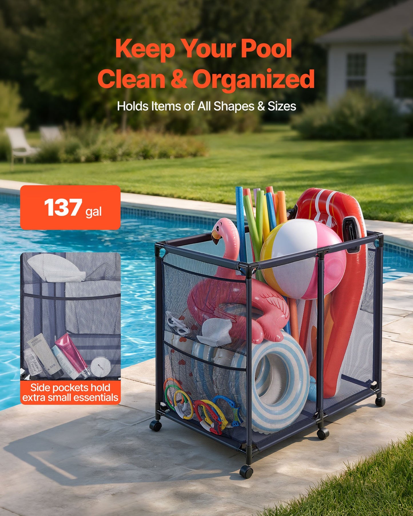 Pool Storage Bin with Casters & Side Pockets - Heavy Duty Mesh Organizer for Pool Toys