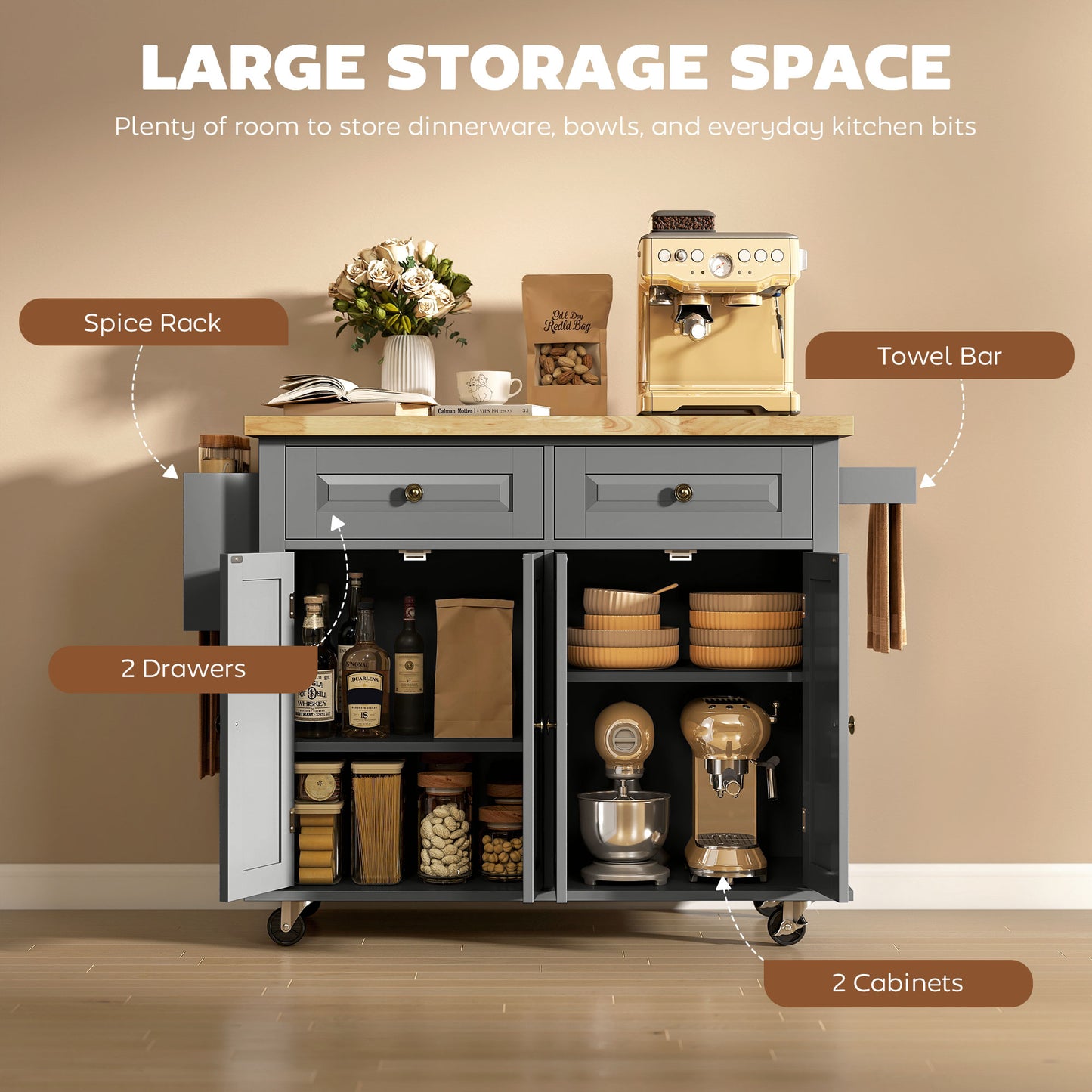 Rolling Kitchen Island Cart with Drawers & Spice Rack - Gray