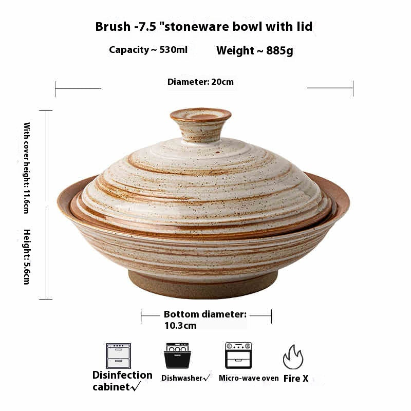 High Leg Ceramic Stoneware Bowl with Lid - 7.5 Inch Retro Dinnerware
