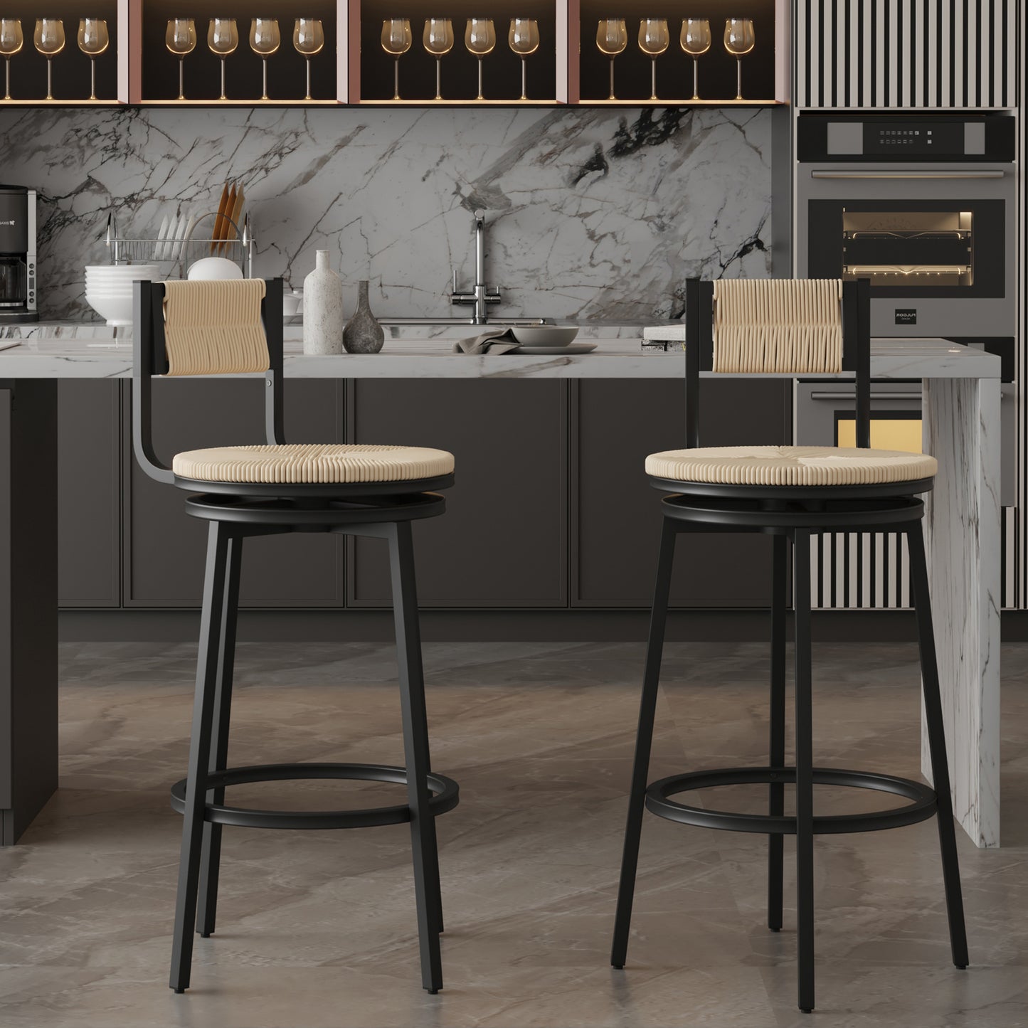Creamy White Swivel Bar Stools - Set of 2 with Metal Frame