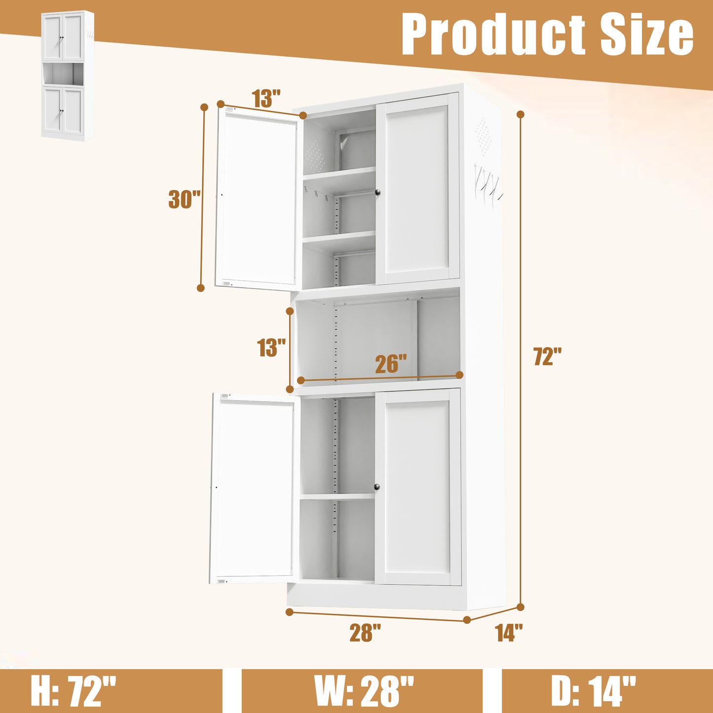 72" Tall White Steel Kitchen Pantry Cabinet with Adjustable Shelves