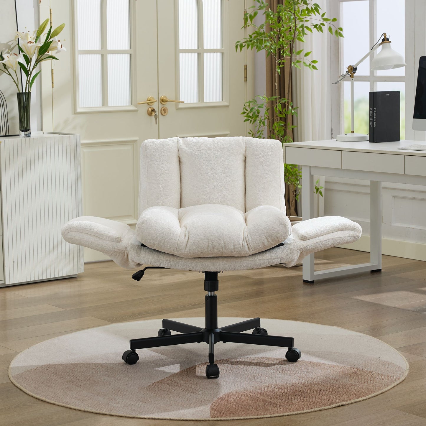 Chenille Swivel Office Chair - Height Adjustable with Armrests - Beige
