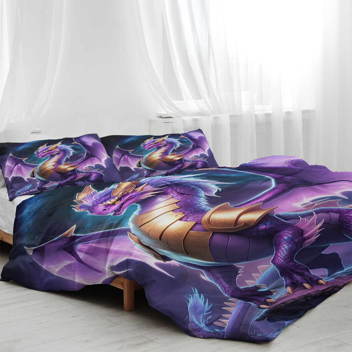 Purple Dragon Bedding Set for Kids - 3D Wildlife Pattern Duvet Cover & Pillow Shams
