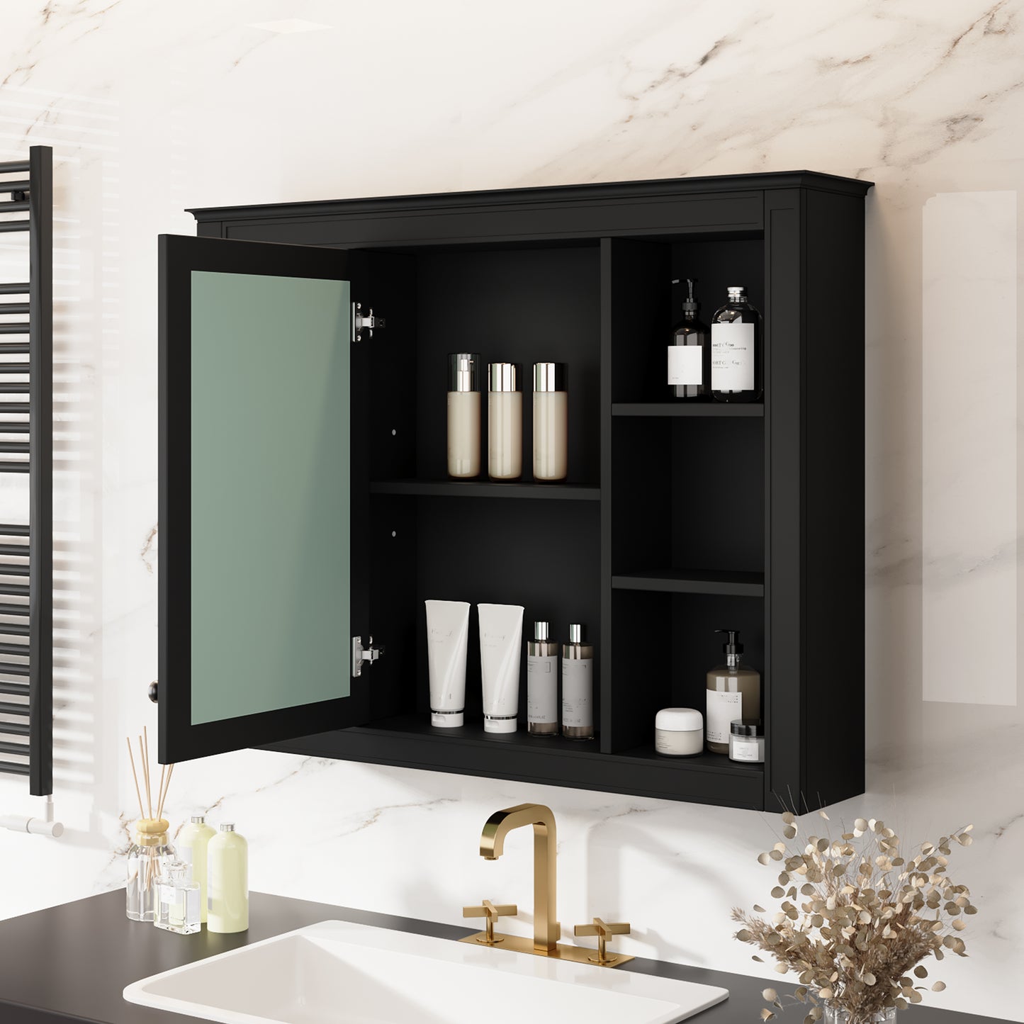 35'' x 28'' Wall Mounted Medicine Cabinet with Mirror - Black
