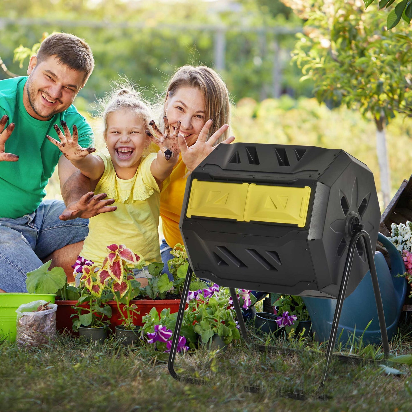 Outdoor 360° Double Chamber Rotating Compost Bin - 43 Gallon Yellow Garden Tool
