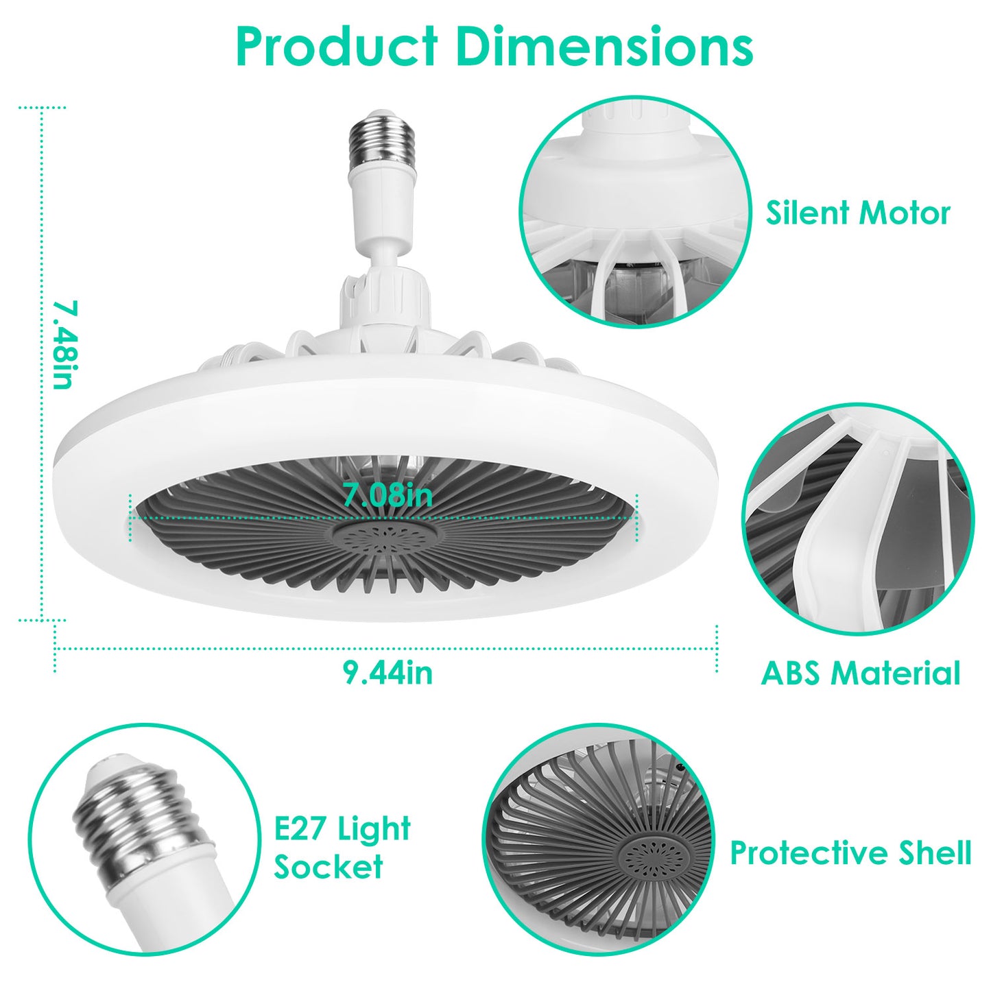 LED Ceiling Fan with Dimmable Lights Remote Control 9.44in E27 Socket