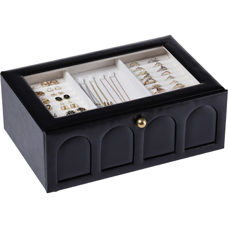 Large Capacity Jewelry Organizer Box with Multiple Compartments - Black Leather