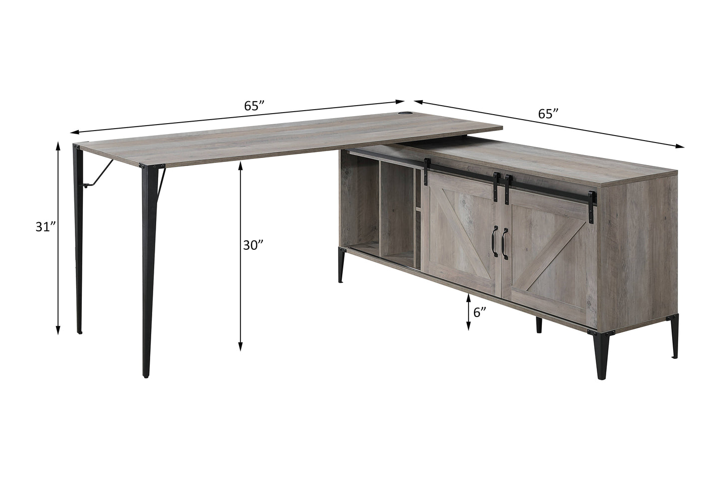 Gray Oak & Black Writing Desk with Cabinet Storage