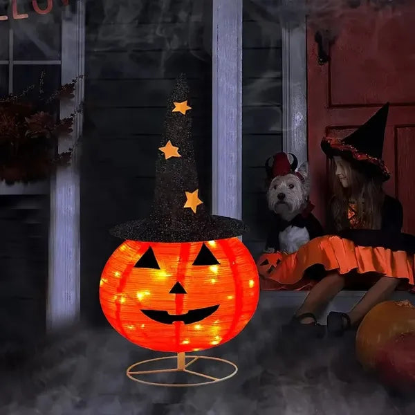 Foldable Pumpkin Lights - Pre-Lit Jack-O'-Lantern with Starry Hat