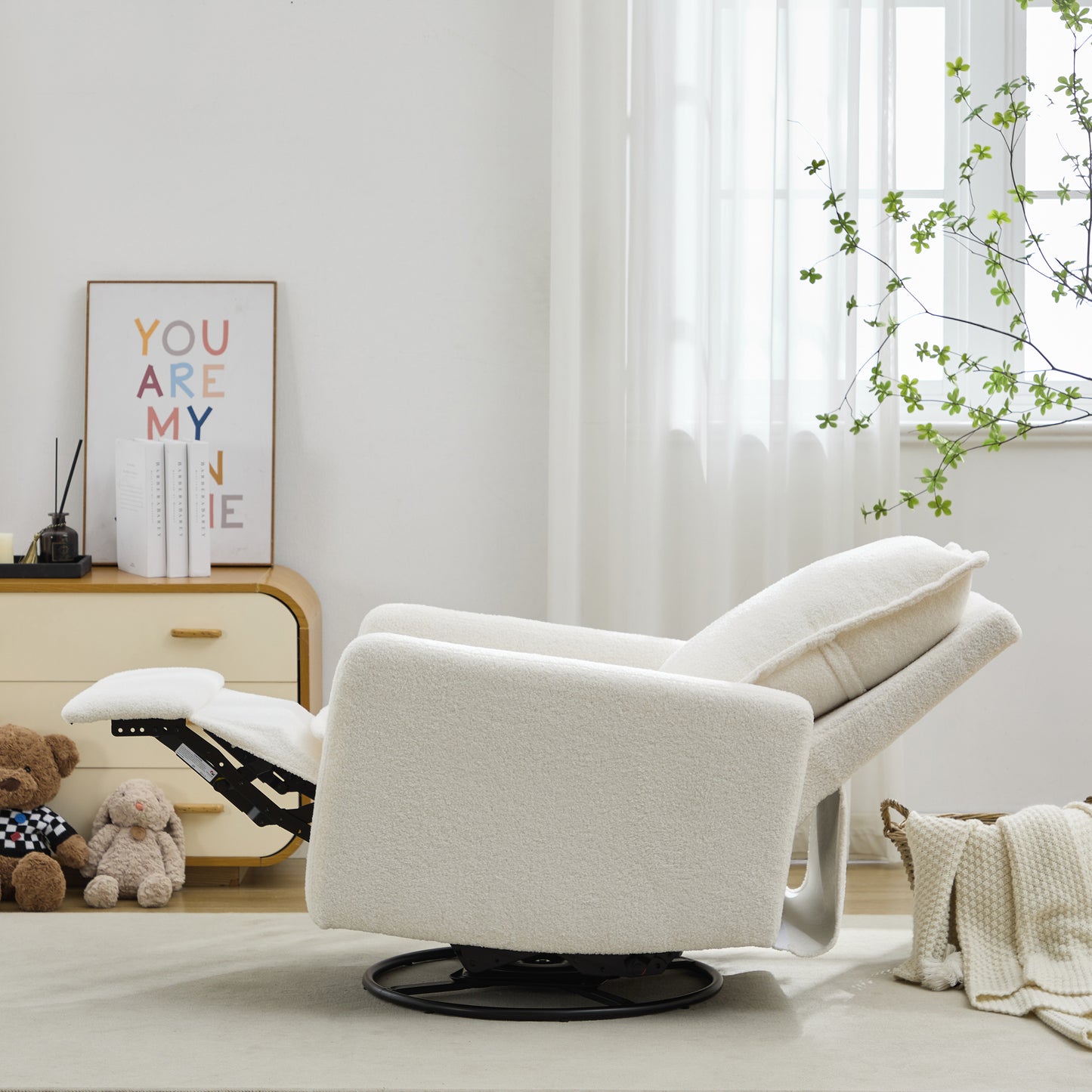 Swivel Rocker Recliner Chair - Teddy Fleece in White