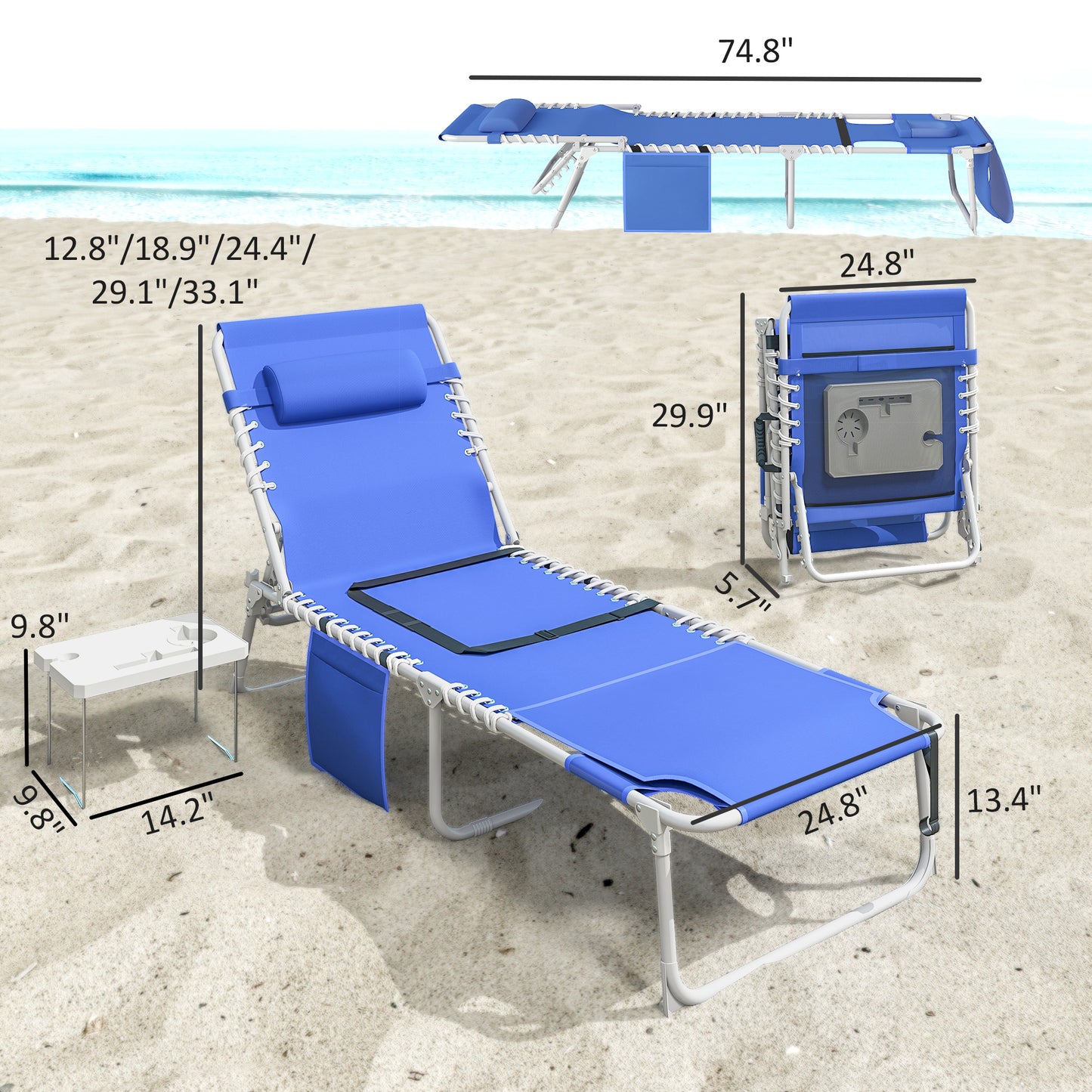 Folding Outdoor Chaise Lounge Chair Set with Side Table - Navy Blue