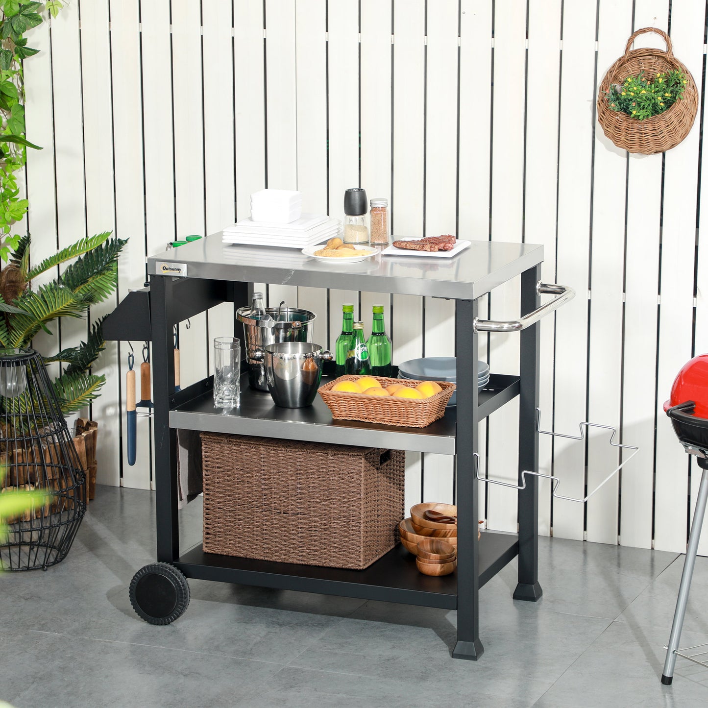 Stainless Steel Outdoor Grill Cart with Wheels - Black