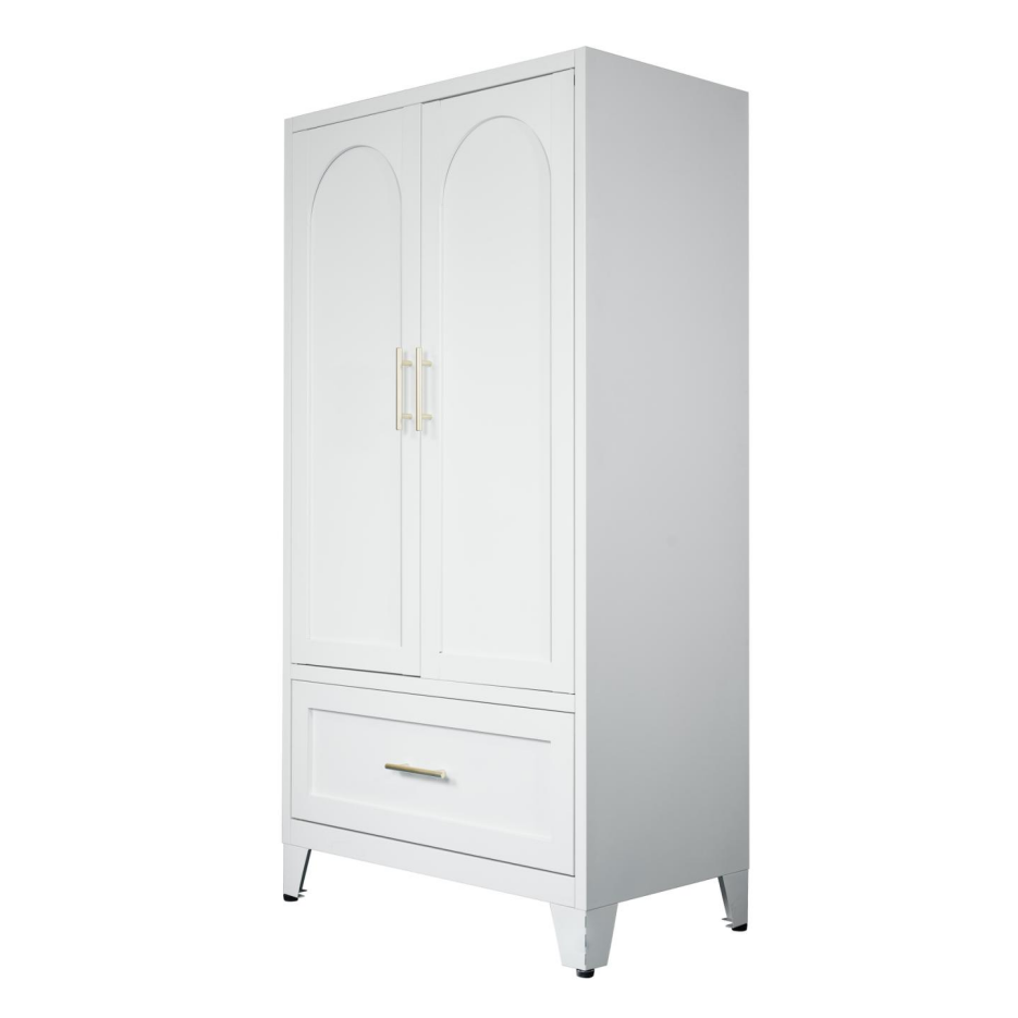60-Inch Tall Metal Wardrobe Cabinet with Drawer & Shelf - White