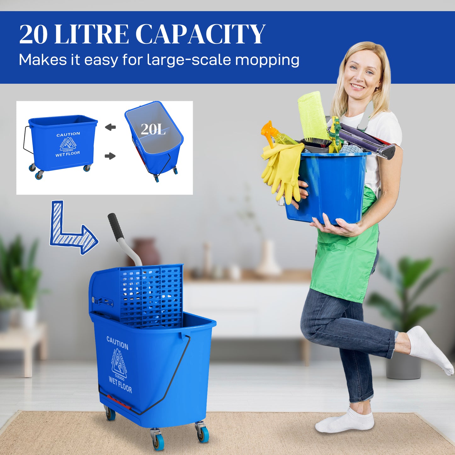 Blue 21 Quart Mop Bucket with Wringer & Water Separation for Floor Cleaning