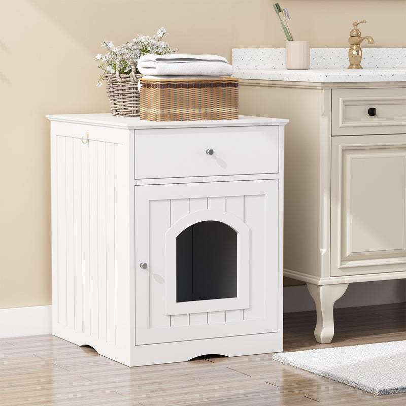 White Wooden Cat Litter Box Enclosure with Drawer & Side Table – Indoor Pet Nightstand