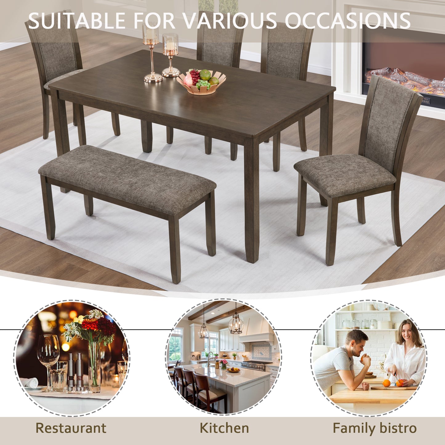 6-Piece Wooden Dining Table Set with Bench and Chairs - Dark Walnut