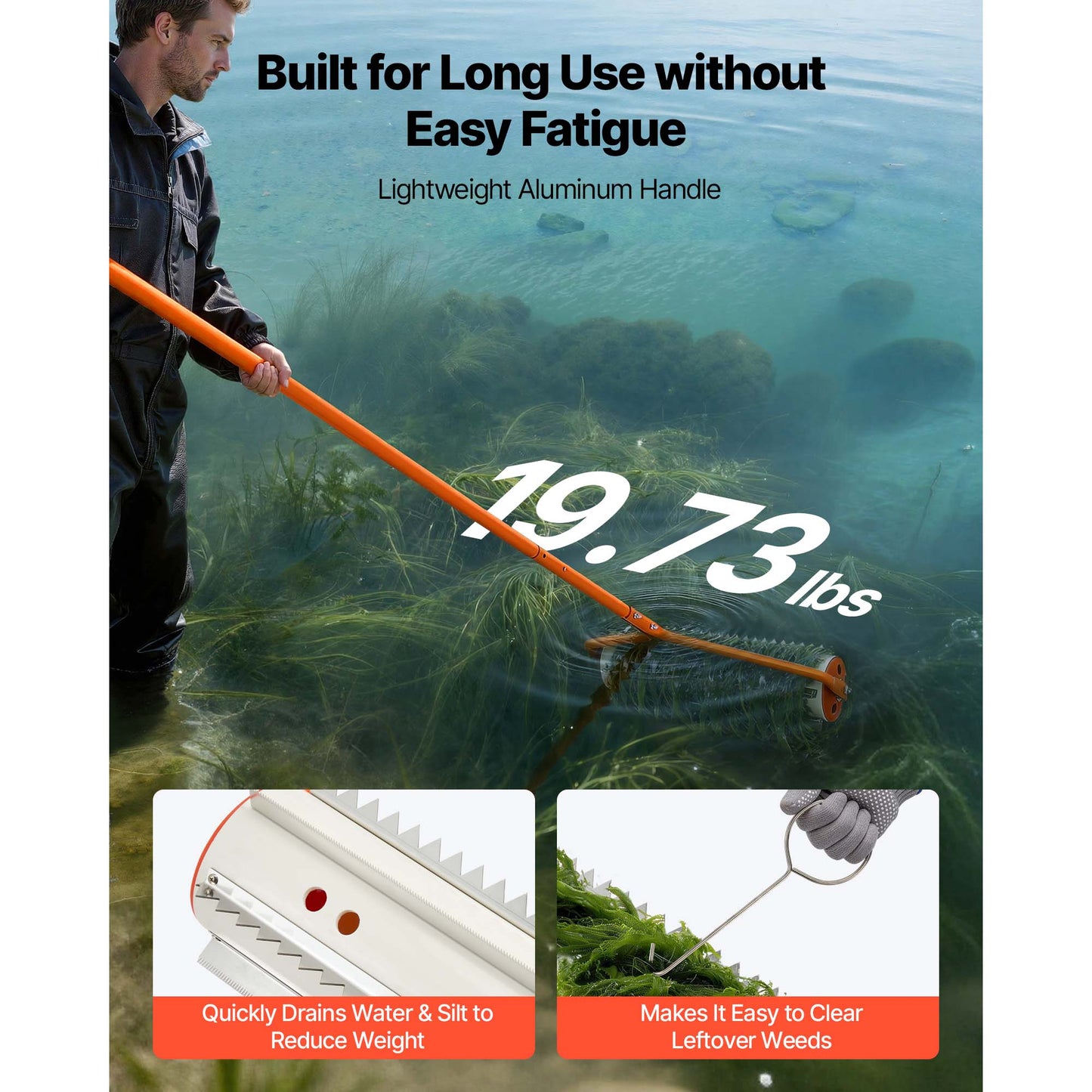 Lake Weed Roller with Stainless Steel Blades and Aluminum Handles - 20 Ft Pond & Lake Muck Removal Tool