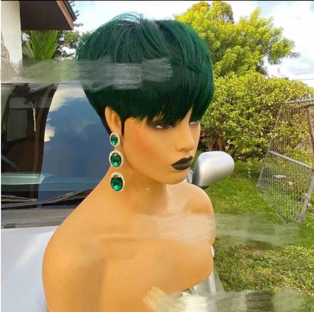 Short Cropped Fluffy Synthetic Wig for Men with Flat Bangs - Black, Green, Gold