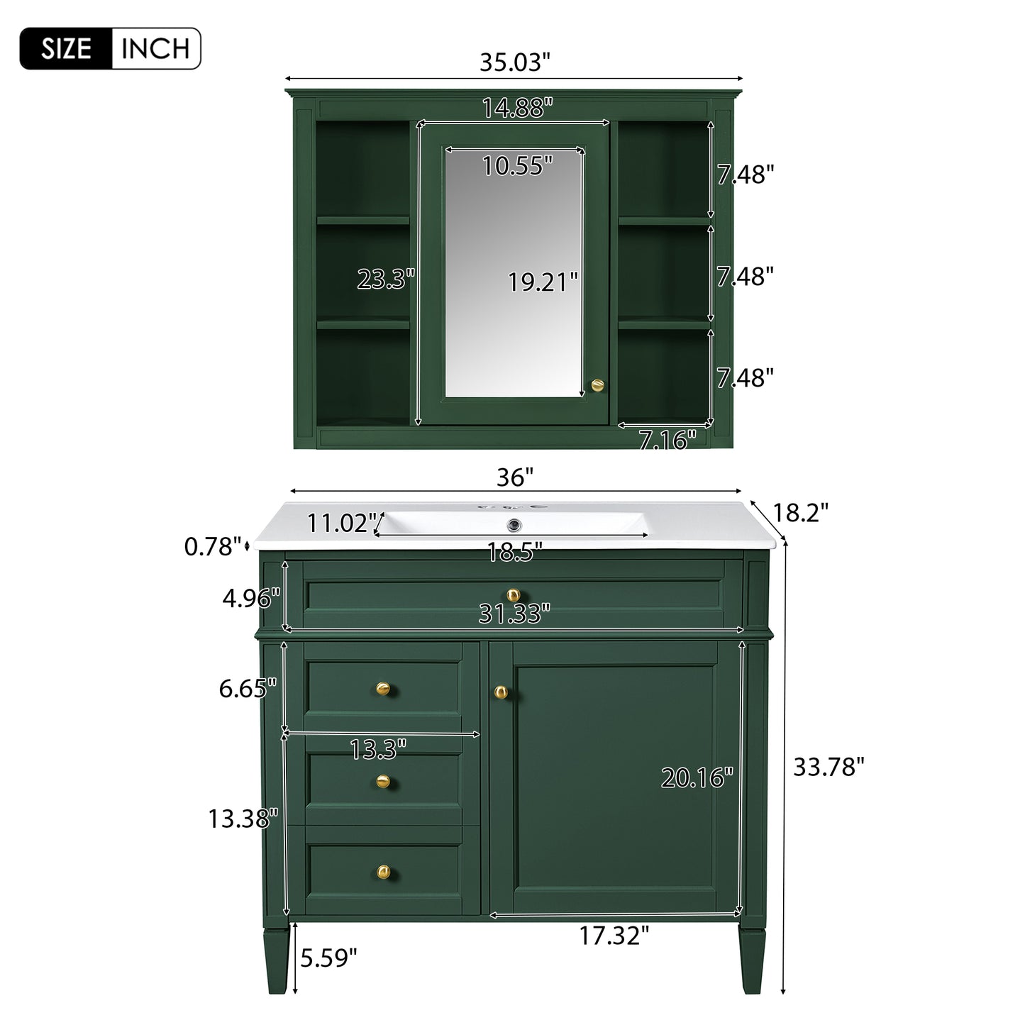 36'' Green Bathroom Vanity with Medicine Cabinet & Sink