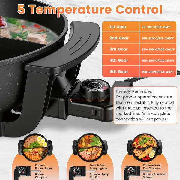 6L Electric Hot Pot with Divider - Adjustable Temperature Fondue Cooker