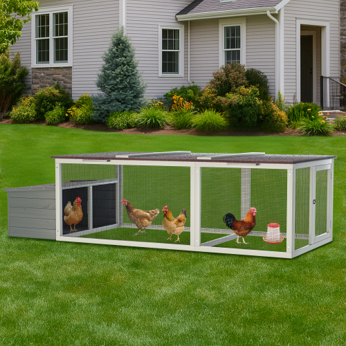Large Wooden Chicken Coop with Run and Weatherproof Roof - Gray