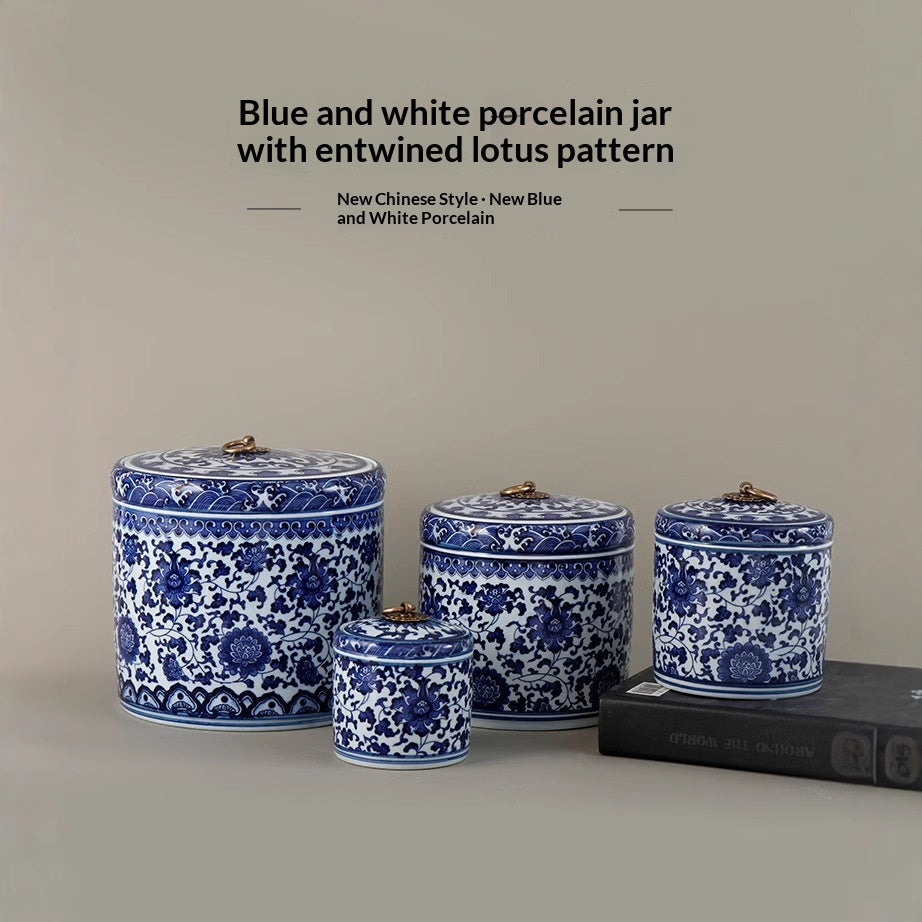 Blue and White Ceramic Tea Jar with Lid - Chinese Style Home Storage