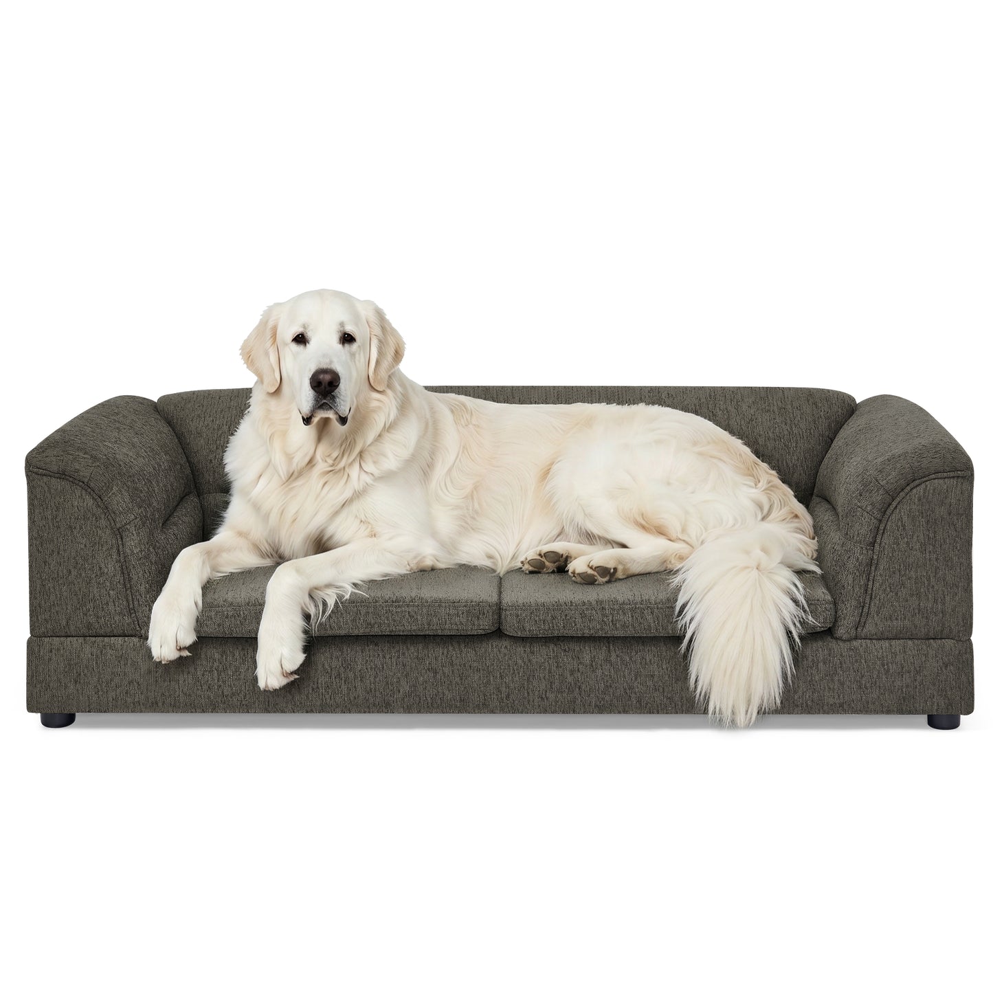 Oversized Dog Sofa Bed with Linen Fabric & Curved Armrest - Dark Gray