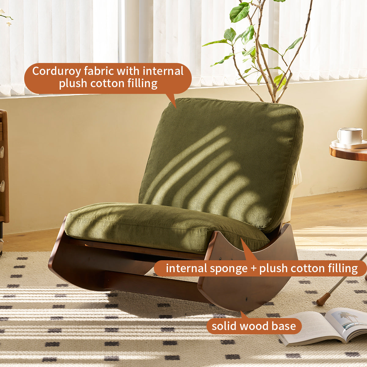 Comfortable Green Glider Rocking Chair with Solid Wood Frame