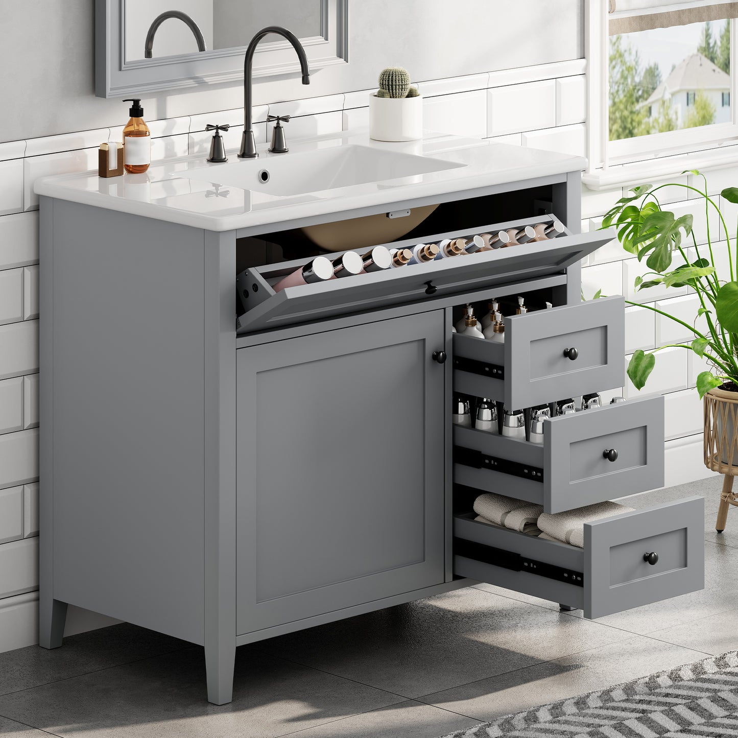 36-Inch Gray Bathroom Vanity with Sink and Storage Drawers