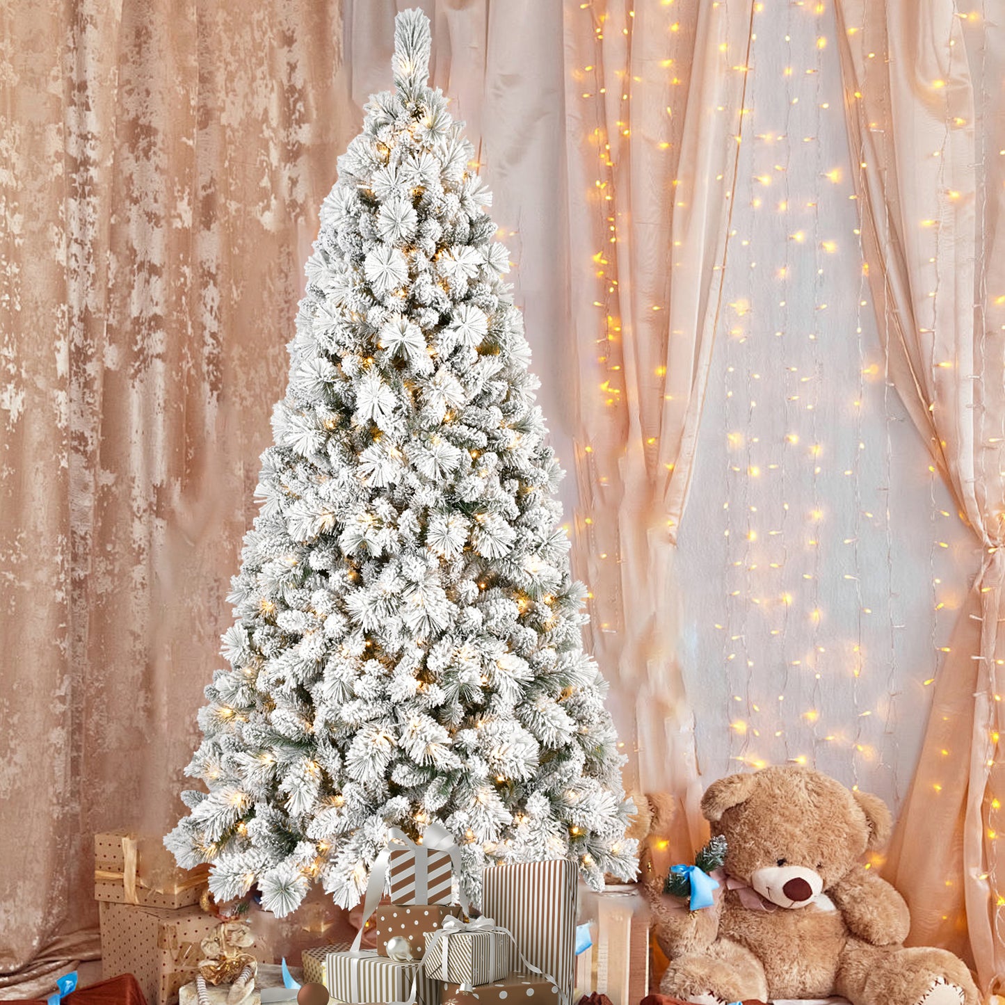 Flocked PVC Christmas Tree with Warm White LED Lights - Multiple Heights