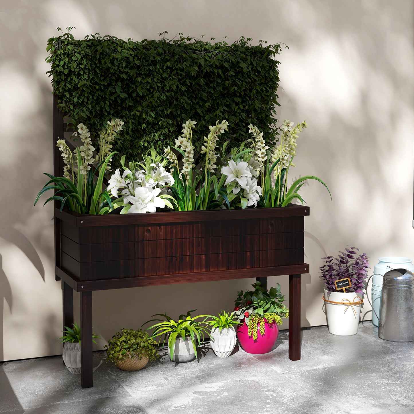 Wood Planter with Trellis for Climbing Plants - Raised Garden Bed, Carbonized, 1140x420x230mm