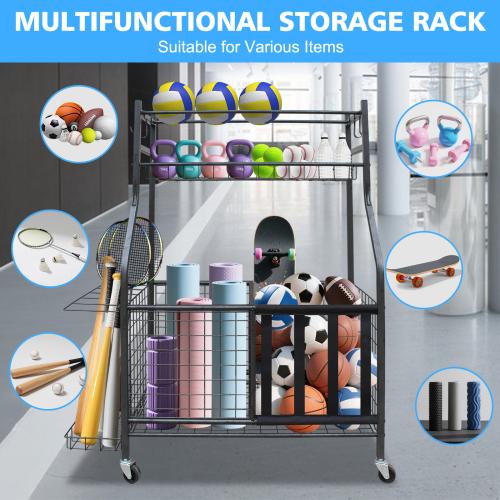 Garage Sports Equipment Storage Rack With Large Capacity, Wheeled,