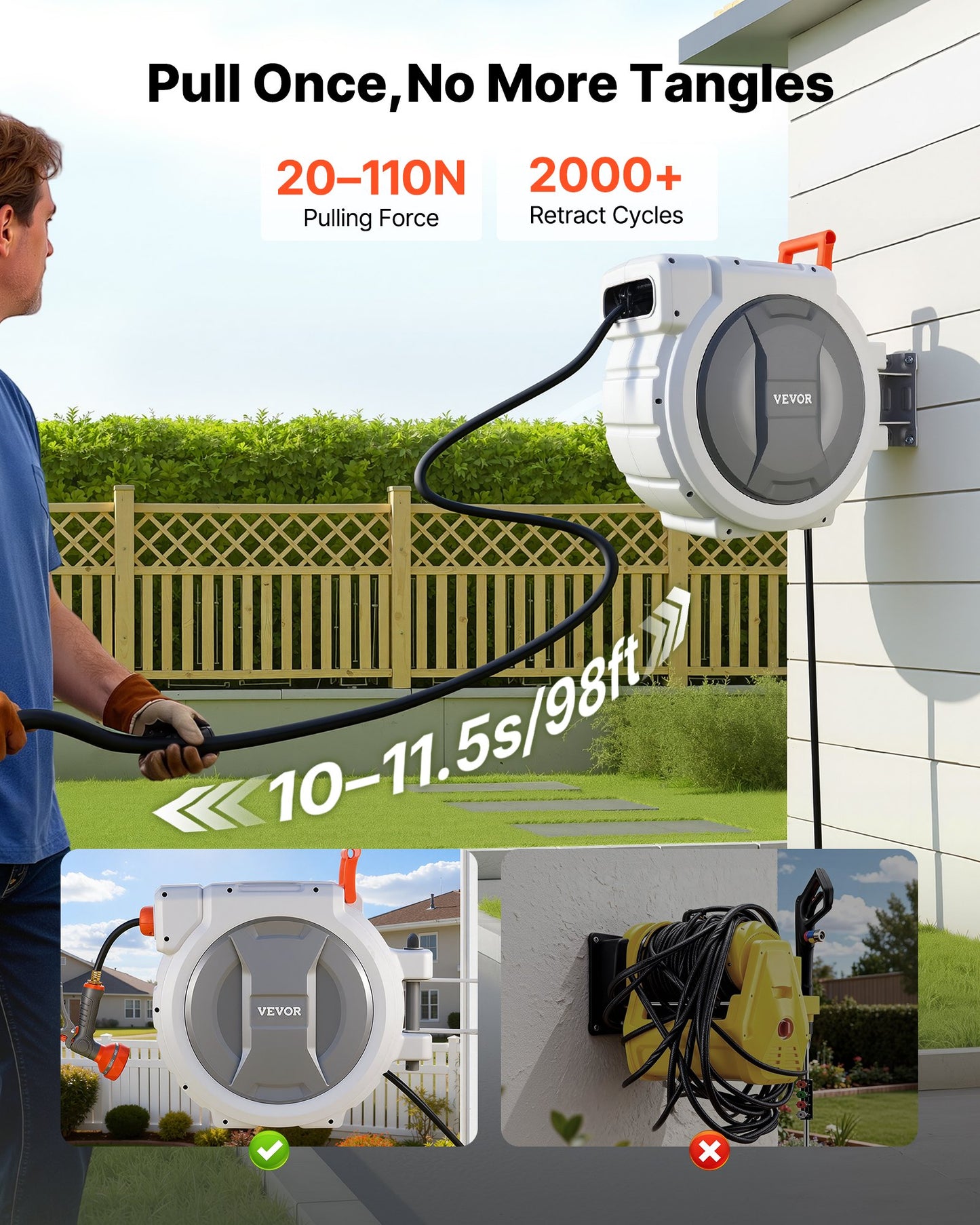 Retractable Garden Hose Reel with 130 Ft & 9-Function Spray Nozzle - Wall Mount, Black