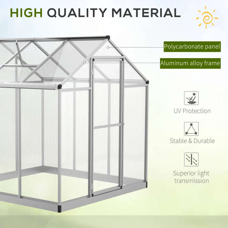 Walk-In Polycarbonate Greenhouse with Roof Vent & Rain Gutter - Silver, 8x6 ft