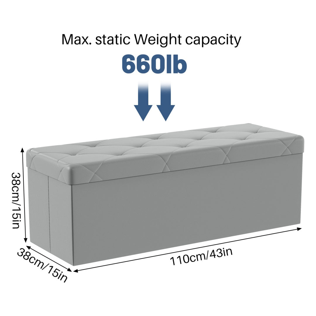 43-Inch Foldable Storage Bench - Grey PVC, 660 lb Capacity
