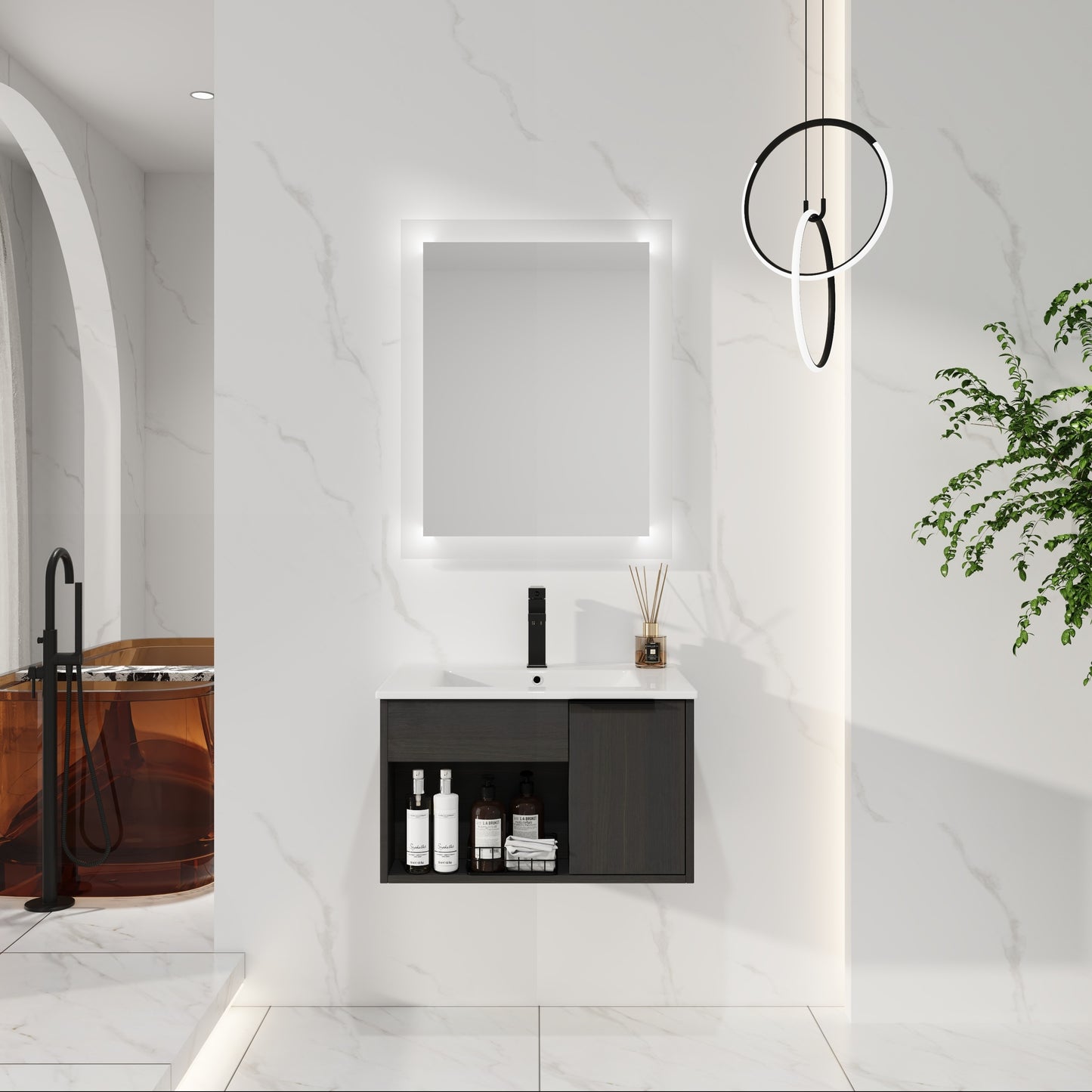 24" Wall-Mounted Bathroom Vanity with Ceramic Sink - Dark Oak